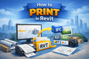 3D illustration showing a Revit project moving from a computer screen to physical drawings with paper size and color settings.
