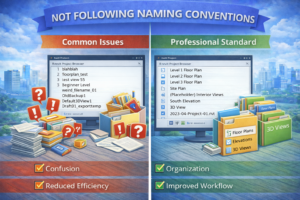 3D illustration showing messy and inconsistent naming causing confusion compared with a professional standard using clear naming conventions.