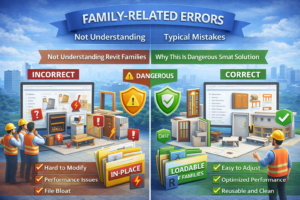 3D illustration showing family-related errors in Revit, comparing incorrect family usage with a smart and optimized solution.