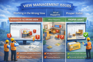 3D illustration showing view management issues in Revit, comparing working in the wrong view, resulting problems, and the proper modeling habit.
