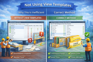 3D illustration showing the inefficiency of not using view templates compared with the correct method using organized view templates.