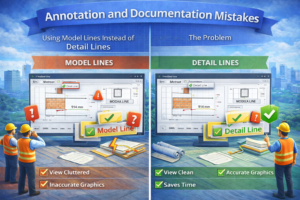 3D illustration showing annotation mistakes caused by using model lines instead of detail lines and the correct usage for clean documentation.