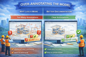 3D illustration showing over-annotating a model with excessive notes versus better documentation using clear and minimal annotations.