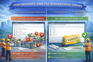 3D illustration showing performance and file management errors caused by not purging unused elements and the recommended practice to fix them.