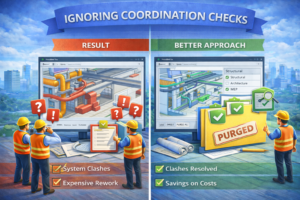 3D illustration showing the result of ignoring coordination checks, causing system clashes, and a better approach that resolves conflicts.