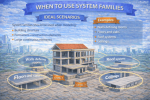 3D infographic showing when to use system families in Revit, highlighting ideal scenarios such as building structure, permanent construction elements, and large continuous components, with examples including walls defining rooms, floors and slabs, roof systems, and ceilings organized by building levels.