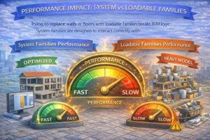 3D infographic explaining BIM logic in Revit, showing why replacing system families with loadable families causes issues, with visuals highlighting room boundaries, area calculations, structural analysis, energy modeling, and ceilings correctly handled by system families in a multi-level building model.