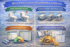 3D infographic illustrating best practices for loadable families in Revit, showing a comparison between optimized lightweight families and heavy complex models, with visuals highlighting simple geometry, correct use of coarse, medium, and fine detail levels, limited parameters, and careful planning of shared parameters to improve performance.