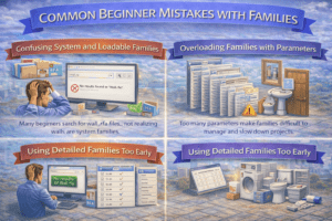 3D infographic showing common beginner mistakes with Revit families, including confusing system and loadable families by searching for wall RFA files, overloading families with too many parameters, and using highly detailed families too early in the design stage, leading to slow and hard-to-manage BIM models.