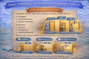 3D infographic explaining family templates as the foundation of loadable families in Revit, showing how templates define category, hosting behavior, and default parameters, with examples such as Door.rft, Furniture.rft, and Lighting Fixture.rft, and highlighting issues caused by choosing the wrong template.