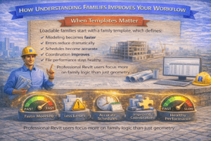 3D infographic showing how understanding Revit families improves workflow, highlighting benefits such as faster modeling, fewer errors, accurate schedules, improved coordination, and healthy file performance, with a professional Revit user focusing on family logic rather than just geometry.