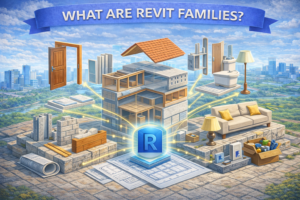 3D illustration showing an exploded building model with Revit families, including walls, floors, roofs, doors, furniture, lighting, and fixtures connected to a central Revit icon, representing how BIM components combine to form a complete digital building model.