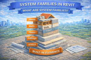 3D illustration explaining system families in Revit, showing stacked built-in elements such as levels, ceilings, floors, walls, and roofs arranged as a layered building structure with clear labels, representing elements created directly inside a Revit project.