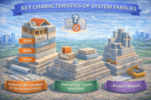 3D infographic illustrating key characteristics of system families in Revit, showing stacked built-in elements such as levels, ceilings, floors, walls, and roofs to represent project-based components that are defined by types and cannot be loaded or saved as separate files.