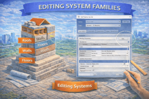 3D illustration showing editing system families in Revit, with layered walls, floors, and roofs on one side and the Type Properties dialog on the other, demonstrating how built-in elements are modified by adjusting types, materials, layers, and parameters within a project.