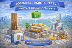 3D illustration explaining loadable families in Revit, showing customizable components such as doors, windows, furniture, plumbing fixtures, and accessories connected to a central family file concept, representing elements created in the Family Editor and loaded into a project.