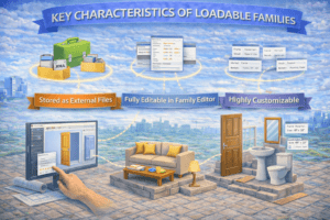 3D infographic showing key characteristics of loadable families in Revit, illustrating external RFA files, full editing in the Family Editor, and highly customizable elements such as doors, furniture, and plumbing fixtures with adjustable parameters and sizes.