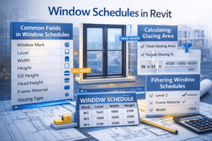 3D illustration of Window Schedules in Revit showing common fields, sill height, head height, glazing area calculation, and filtering options.