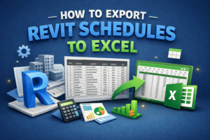 3D illustration showing how to export Revit schedules to Excel with Revit model, schedule table, and Excel sheet connected by arrow
