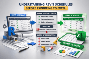 3D infographic showing how to prepare Revit schedules before exporting to Excel including field checks and formatting cleanup