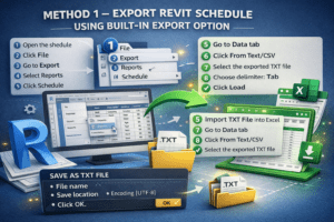 3D step by step illustration showing how to export Revit schedule to Excel using built in export option and TXT file import