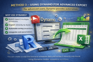 3D infographic showing Dynamo automation for exporting Revit schedules directly to Excel XLSX format