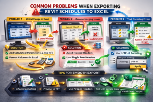 3D infographic showing common problems when exporting Revit schedules to Excel including units change column merging and text encoding errors