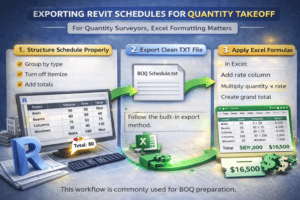3D infographic showing exporting Revit schedules for quantity takeoff with BOQ preparation steps in Excel