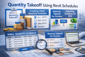 3D illustration of quantity takeoff using Revit schedules showing wall quantity schedule, material takeoff for finishes, and export to BOQ.
