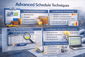 3D infographic of advanced Revit schedule techniques including shared parameters, conditional formatting, placing schedules on sheets, and coordination with MEP disciplines.