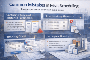 3D infographic showing common mistakes in Revit scheduling including confusing type and instance parameters, over-itemizing elements, ignoring filters, and incomplete modeling.