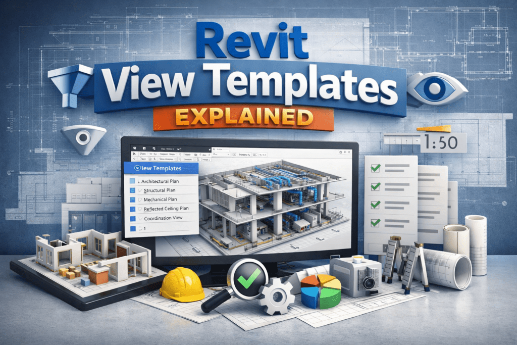 3D illustration of Revit View Templates explained showing BIM model and view template settings