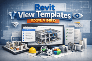 3D illustration of Revit View Templates explained showing BIM model and view template settings