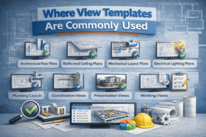 3D illustration showing where Revit view templates are commonly used in BIM projects