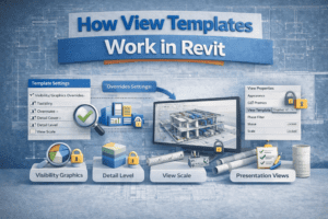 Autodesk Revit interface showing how view templates override view properties