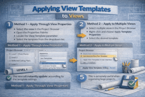 Autodesk Revit workflow illustrating applying view templates through view properties
