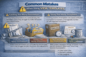 Revit workflow diagram highlighting mistakes like too many templates and locked parameters