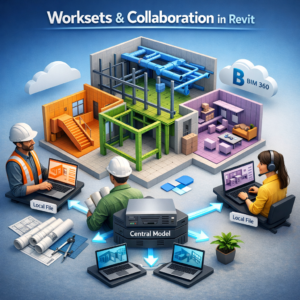 3D illustration showing Worksets and collaboration in Autodesk Revit with central model, local files, and multi-discipline BIM team working on a building model.