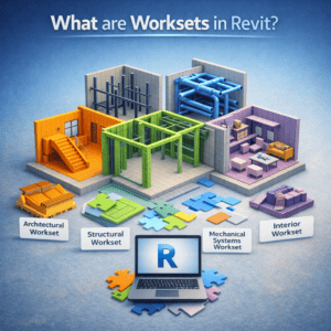 3D diagram explaining Revit worksets with architectural, structural, mechanical, and interior worksets in a BIM model.