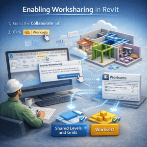 3D illustration showing how to enable worksharing in Autodesk Revit with Collaborate tab, Worksets dialog, and default worksets.