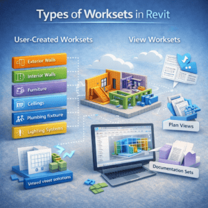 3D illustration explaining types of worksets in Revit including user-created worksets and view worksets in a BIM model.