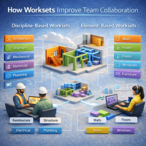 3D illustration showing how Revit worksets improve team collaboration using discipline-based and element-based worksets in a BIM model.