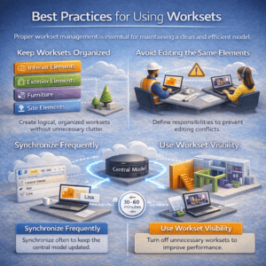 3D infographic showing best practices for using Revit worksets including organization, avoiding editing conflicts, synchronization, and workset visibility.