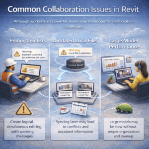 3D infographic showing common collaboration issues in Revit including editing conflicts, outdated local files, and large model performance problems.