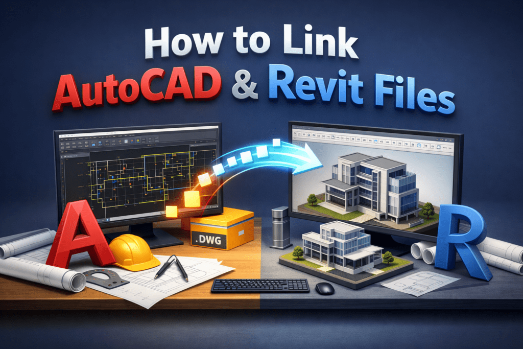 3D illustration showing how to link AutoCAD DWG drawings with a Revit BIM model workflow