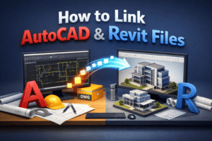 3D illustration showing how to link AutoCAD DWG drawings with a Revit BIM model workflow