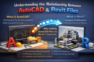 3D illustration explaining the relationship between AutoCAD 2D drawings and Revit 3D BIM models