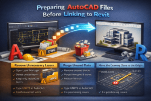 3D illustration showing steps to prepare AutoCAD DWG files before linking them into a Revit BIM model