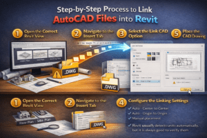 3D infographic showing the step by step process to link AutoCAD DWG files into a Revit BIM project