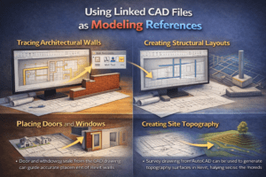 3D illustration showing how linked AutoCAD CAD files are used as references for modeling walls, doors, structural layouts, and site topography in Revit